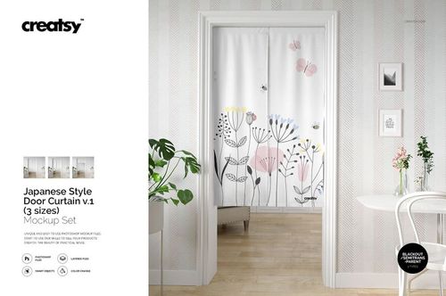 Front view of a Japanese style door curtain mockup featuring delicate flowers and butterflies in a bright interior.