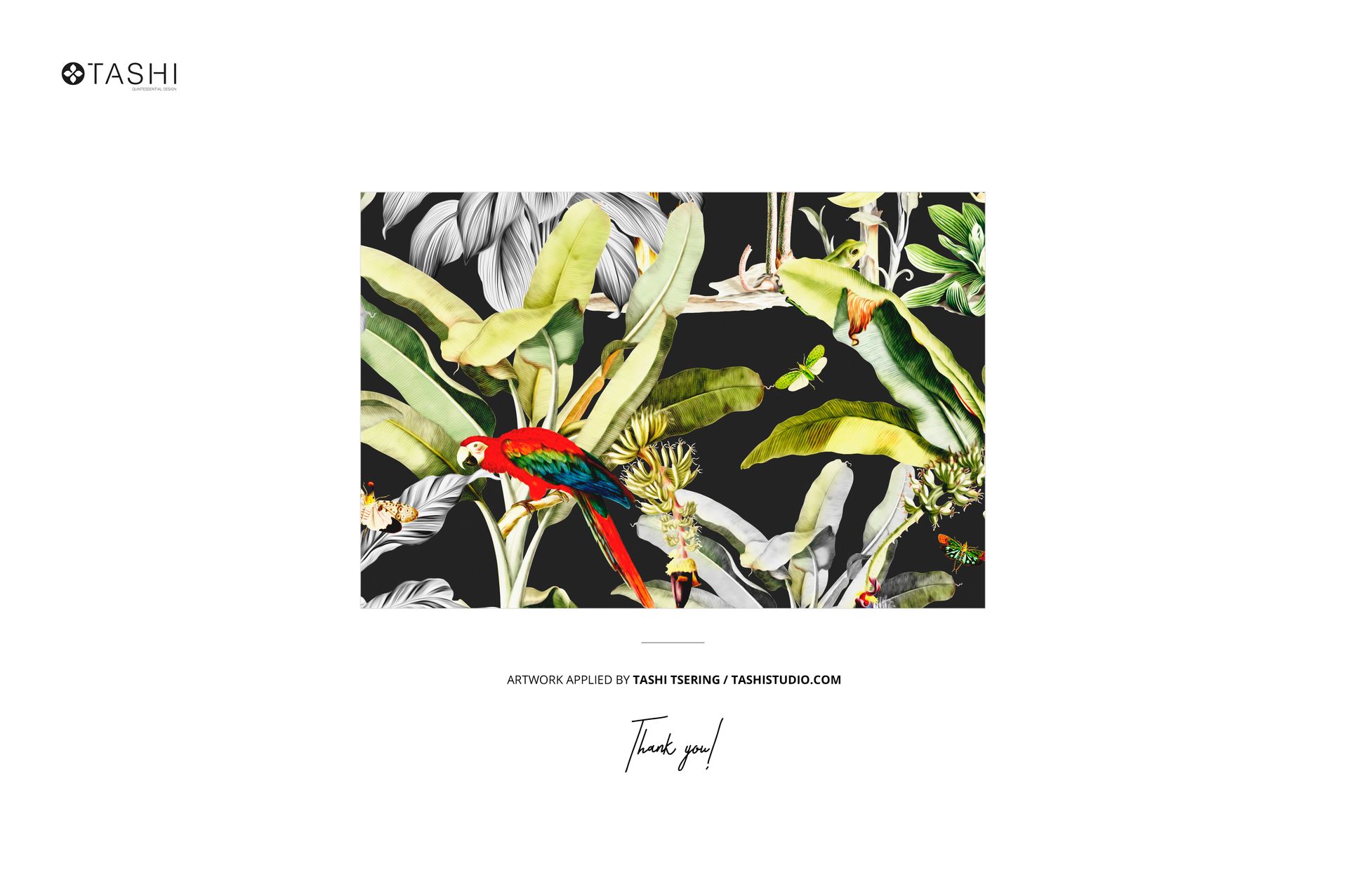 Lying fabric mockup featuring a tropical pattern with green leaves and colorful parrots on a dark background, front view.