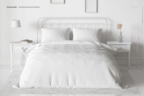 PSD mockup showing a clean white bedding set on a metal bed, with neutral decor and soft lighting in a bedroom.