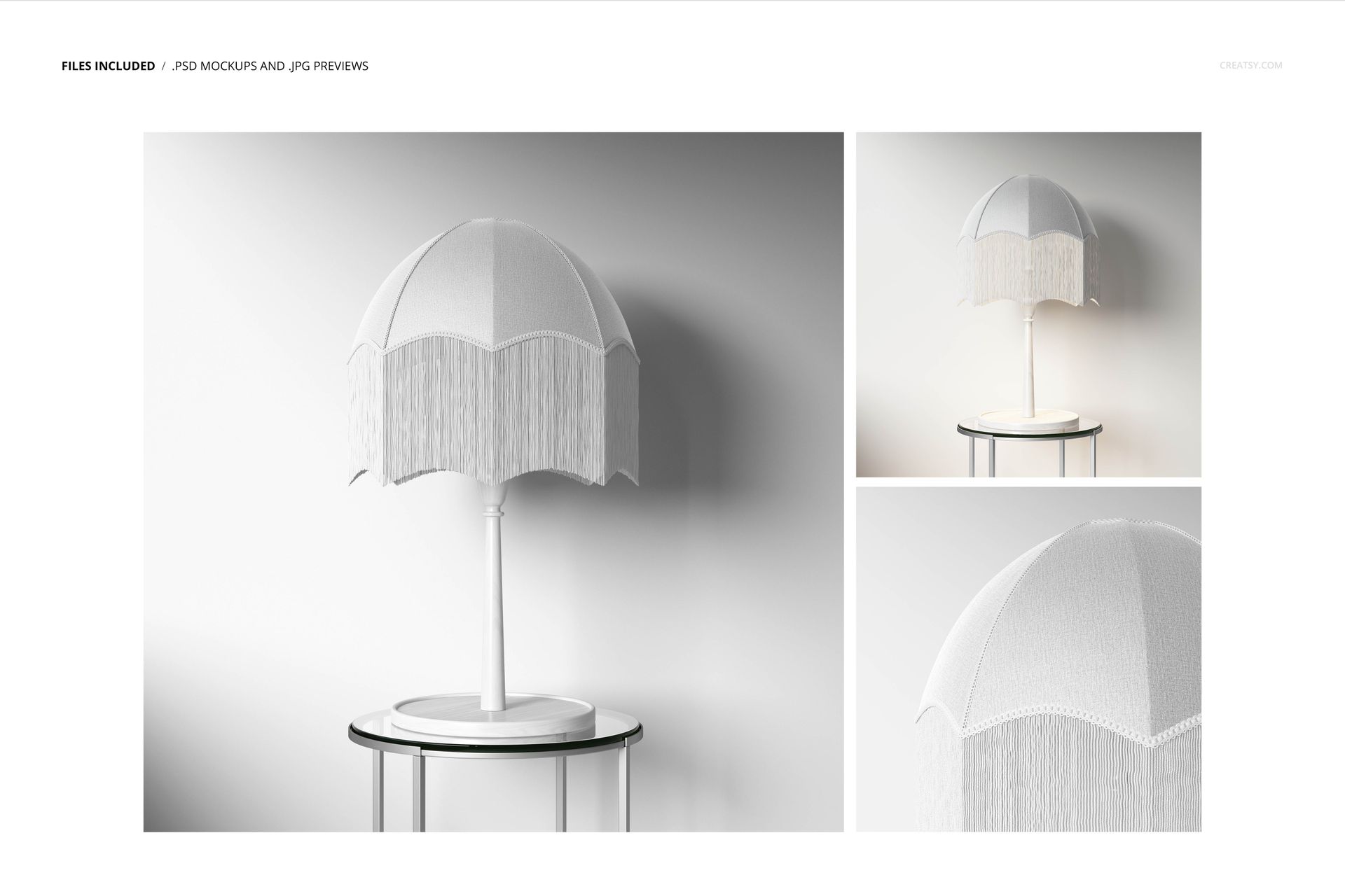 Front view of a velvet fringe table lamp mockup with a scalloped dome shade, placed against a plain wall.