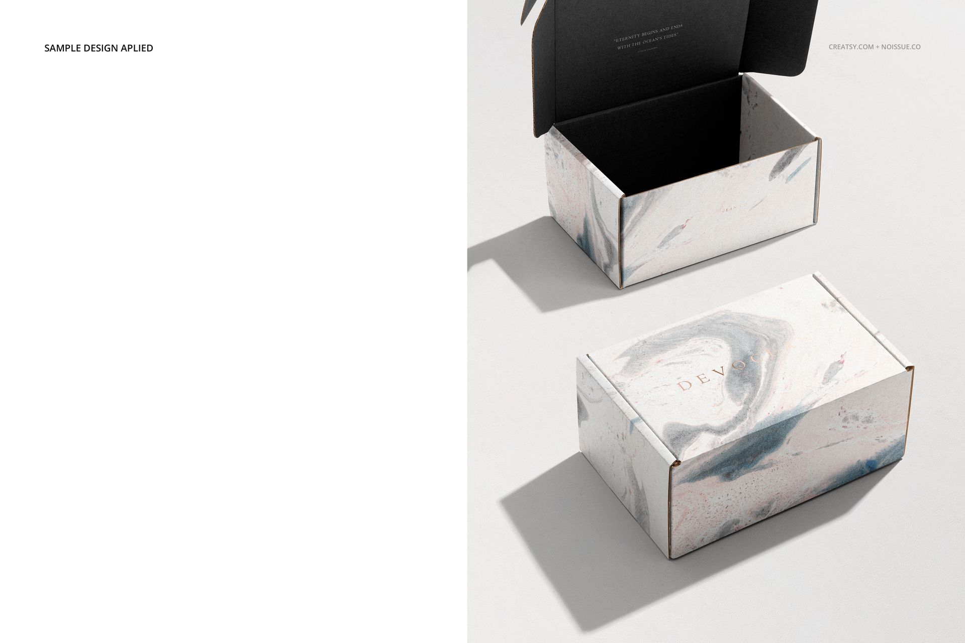 PSD mockup of a packaging box featuring a light marble design, displayed with one box open and one closed on a plain surface.