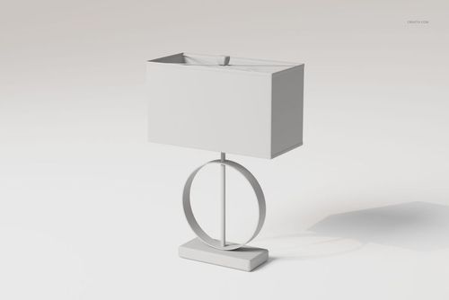 Modern table lamp with rectangular shade and circular ring base, shown from a front angle on a light background.