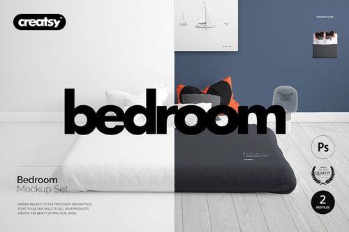 Front view of a bedroom mockup set showing a bed with white bedding on the left and dark bedding on the right, divided background.