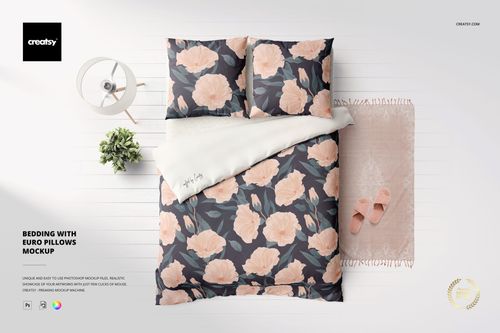 Bedding with euro pillows mockup displayed from above, showing peach floral design and coordinated decor elements.