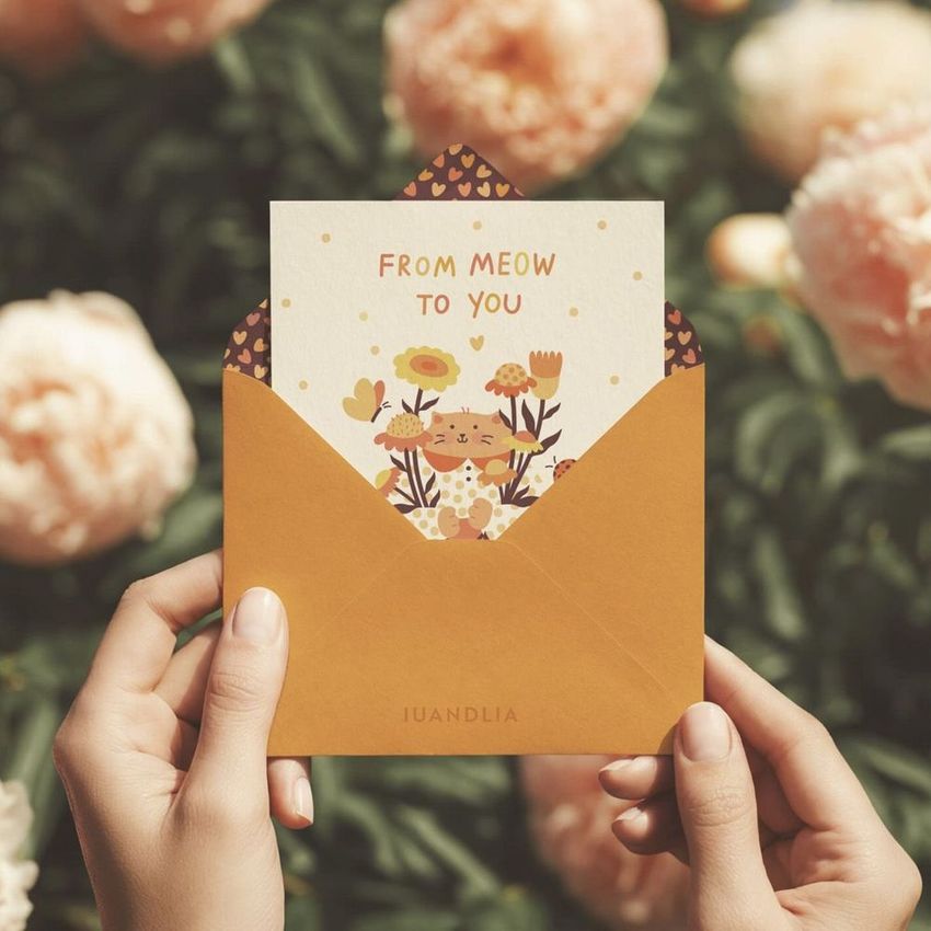 Hands holding a yellow envelope with a greeting card mockup featuring a cat illustration and floral design, surrounded by peonies.