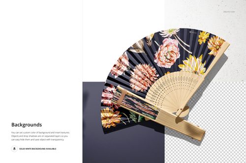 PSD mockup of an open fabric hand fan featuring colorful flowers and a natural wood handle, shown from a top view.