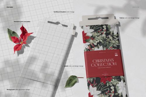 Fabric bolts mockup featuring two fabric packages, one with a Christmas floral pattern and one with a grid overlay, shown from a top view.