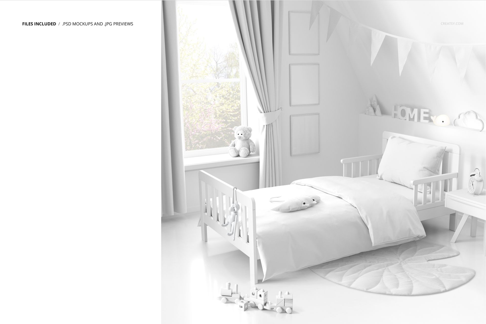 Toddler bedding set mockup in a bright kids room, featuring a duvet cover, pillowcase, and curtains in soft white tones.