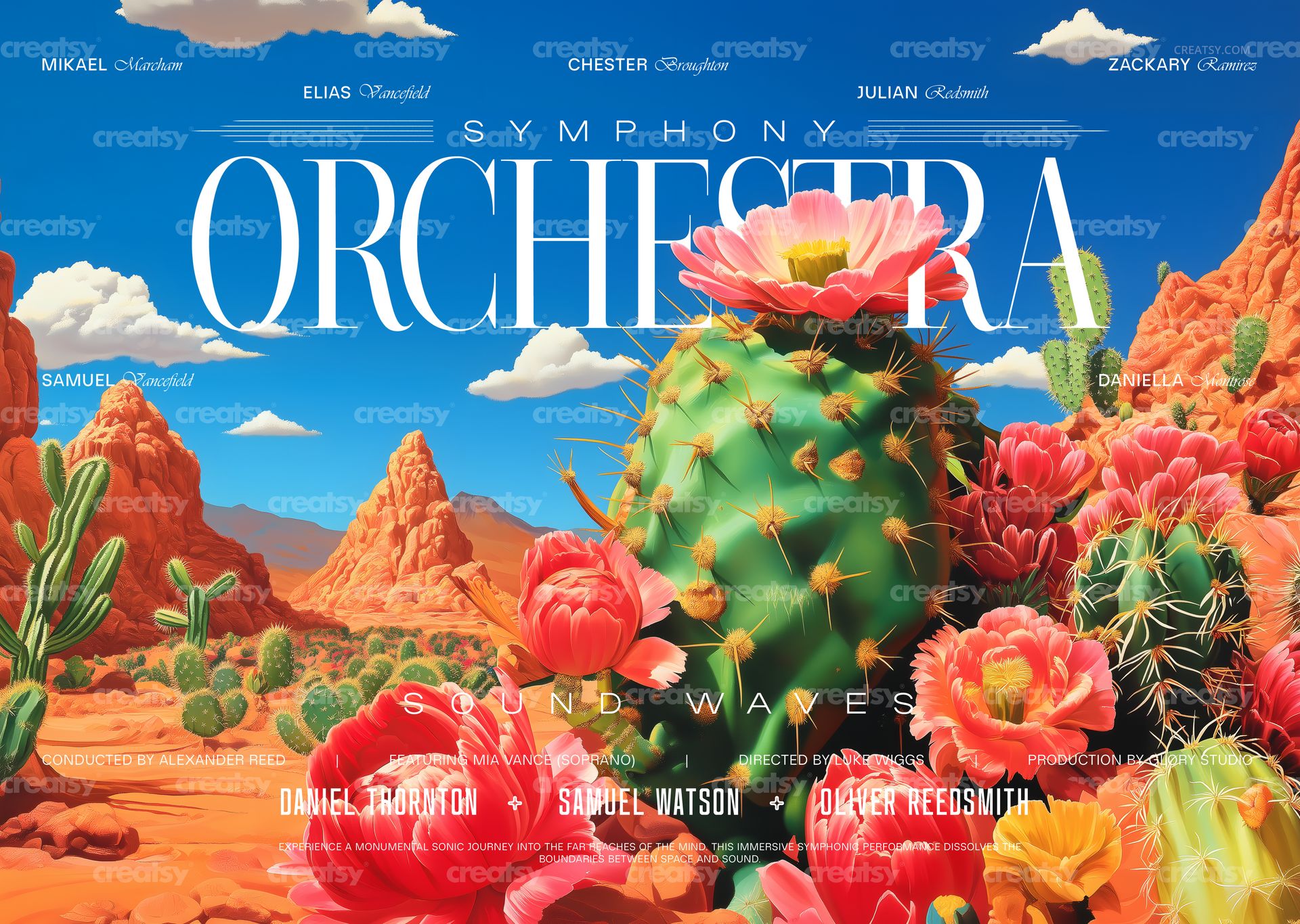 Colorful front view of a poster mockup showing blooming cacti, pink desert flowers, and red rock formations.