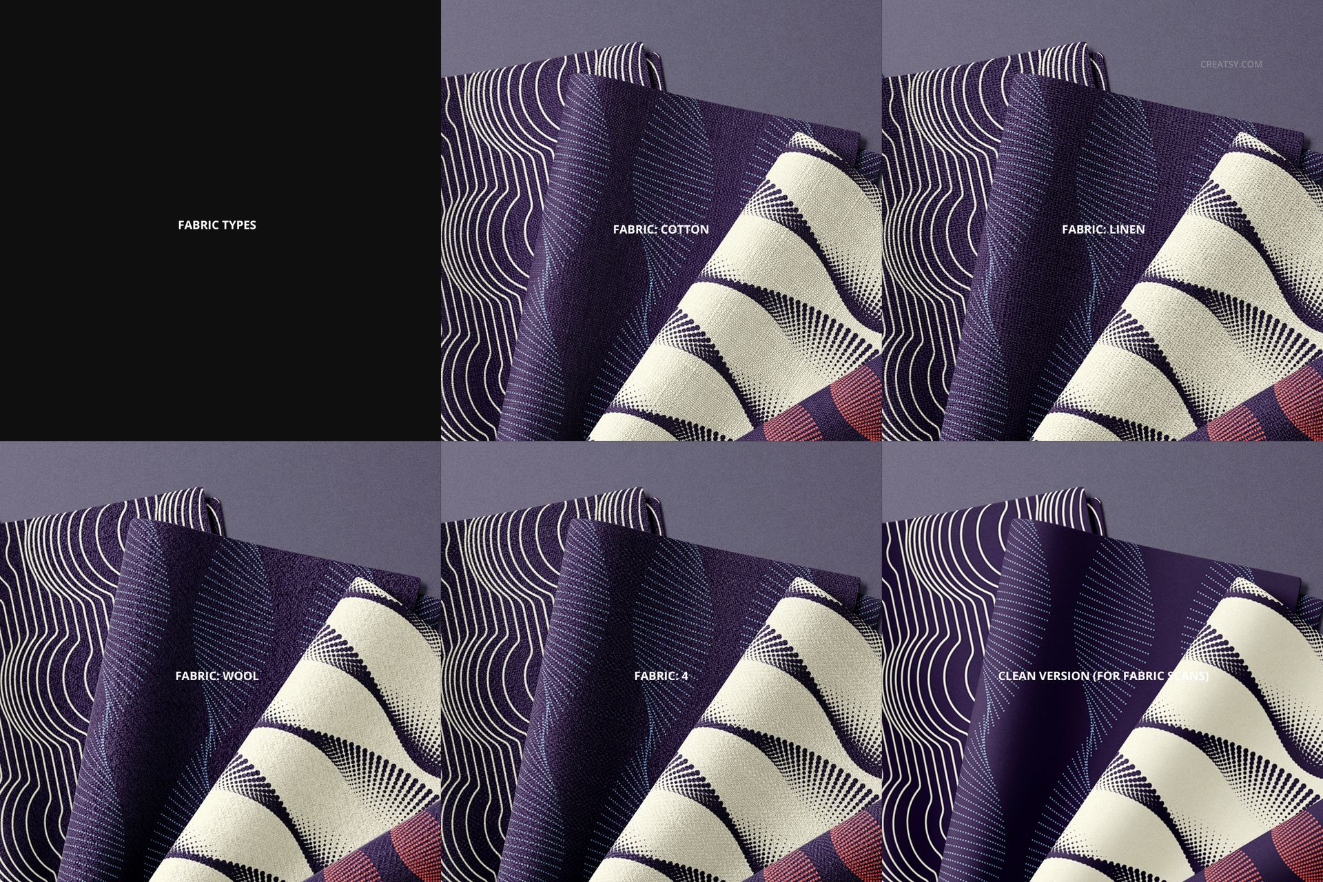 PSD mockup showing different folded fabric swatches with geometric patterns and solid colors, angled side view.