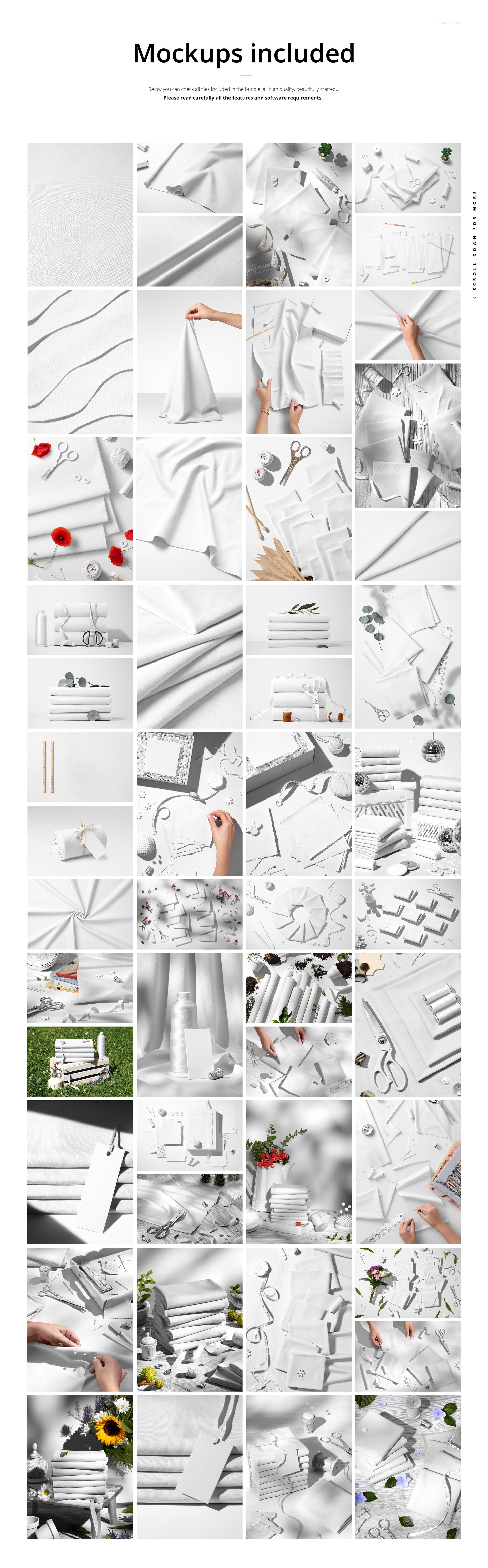 Assorted jersey fabric mockups arranged in stacks, flat lays, and dynamic folds with sewing tools and props.