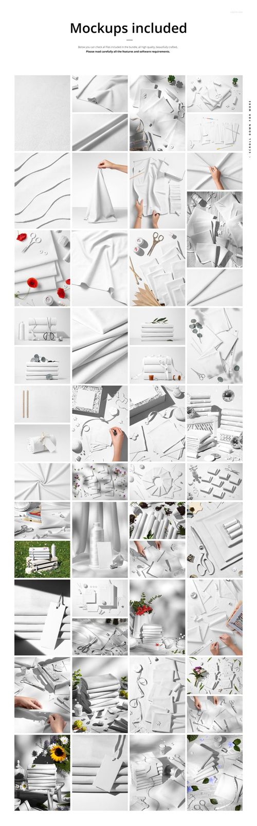 Assorted jersey fabric mockups arranged in stacks, flat lays, and dynamic folds with sewing tools and props.