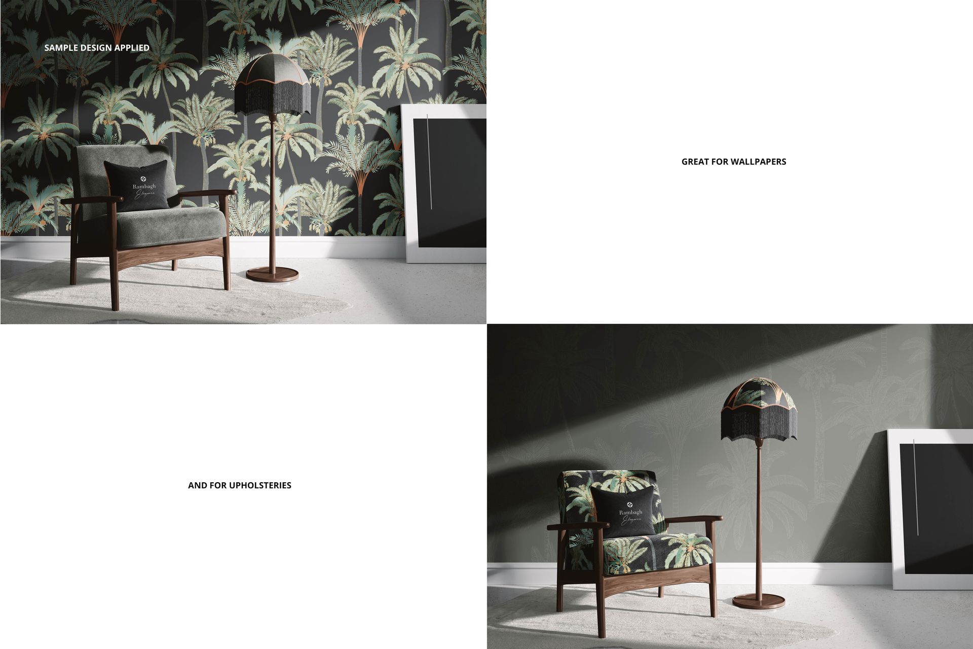 Front view of a modern interior with a wooden armchair and floor lamp against a tropical leaf wallpaper mockup.