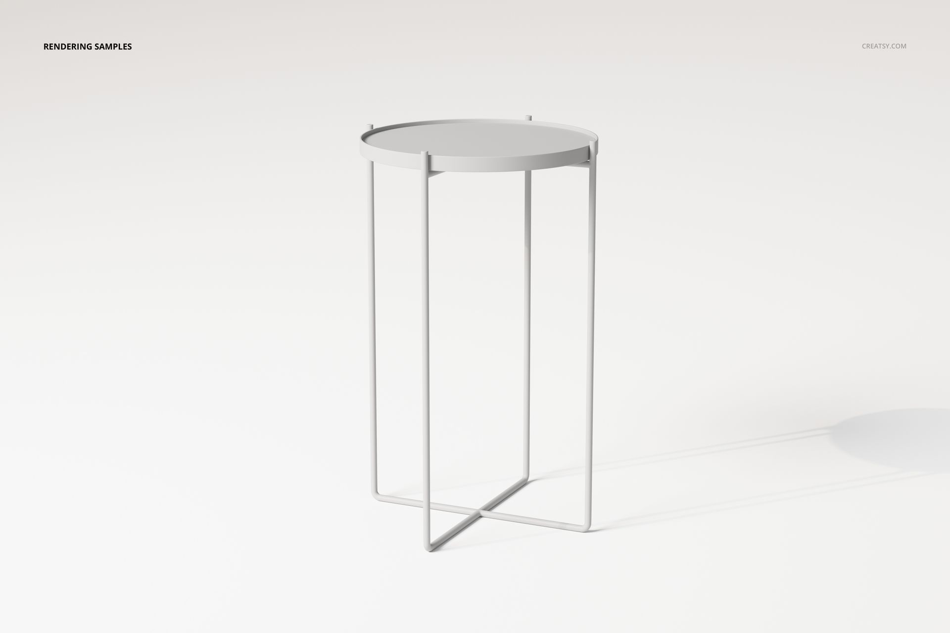 Round metal tray table with thin legs, shown in a minimalistic studio setting with a light background, front angle.