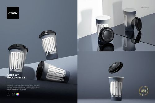 Paper cup mockup set featuring three cups in black, white, and gray tones, arranged on a sleek modern background.