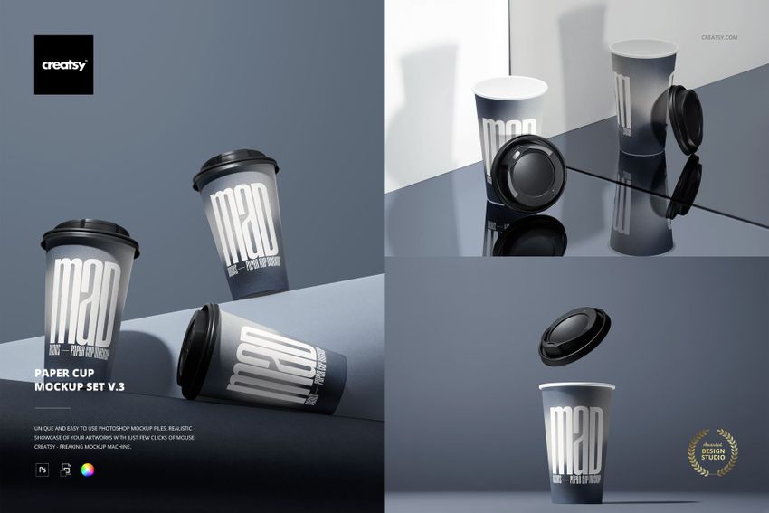 Paper cup mockup set featuring three cups in black, white, and gray tones, arranged on a sleek modern background.