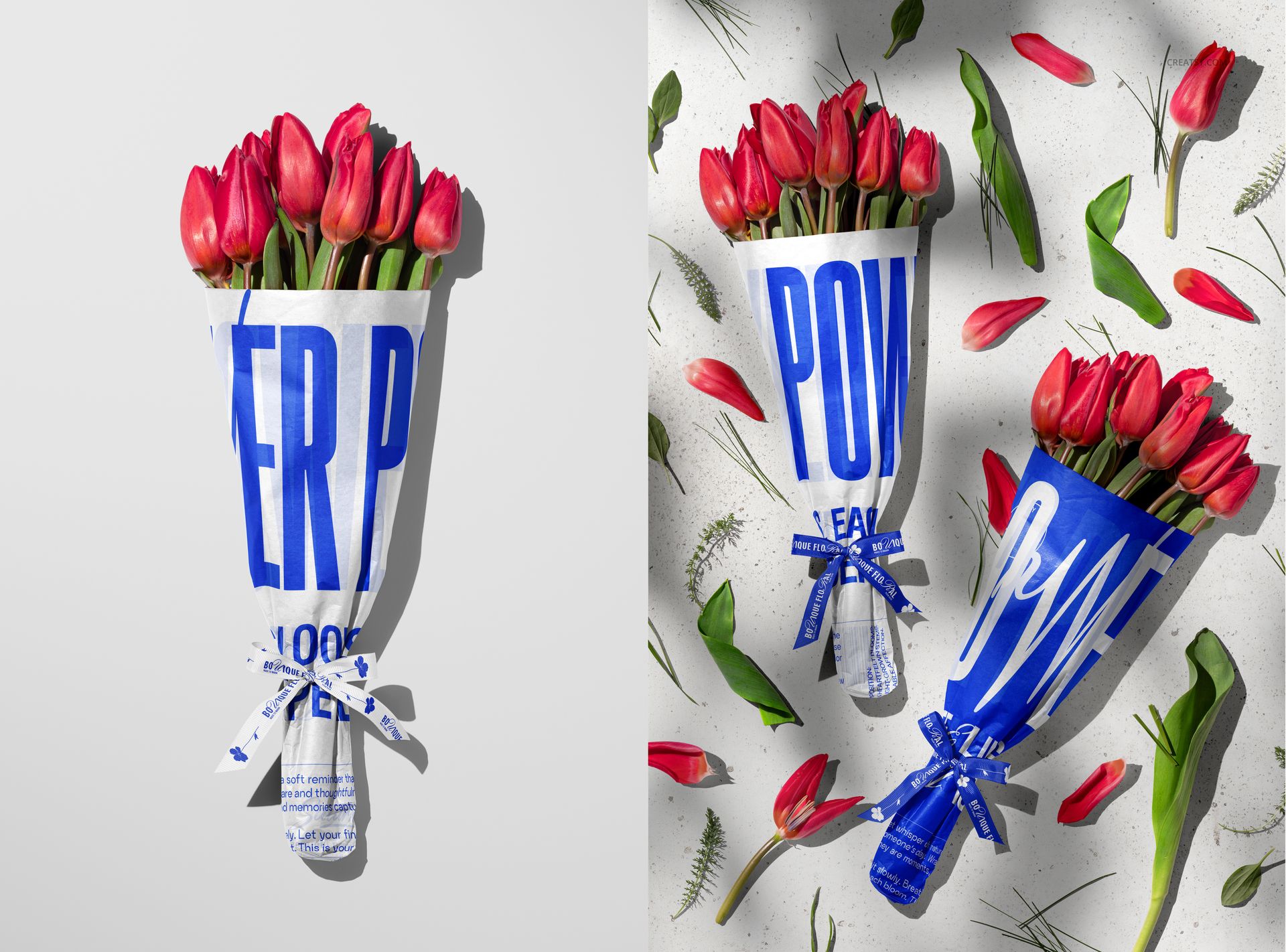 PSD mockup featuring tulips in blue and white wrapping paper, with top and front perspectives and scattered floral elements.