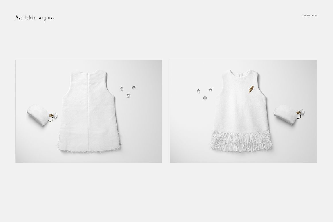 White baby dress mockup shown from front and back angles on a light background, with small accessories nearby.