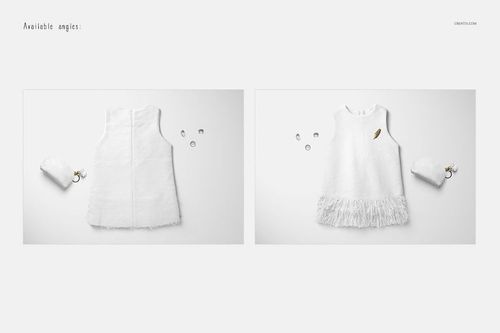 White baby dress mockup shown from front and back angles on a light background, with small accessories nearby.