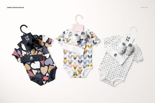 Three baby onesies displayed side by side, each with matching hats and booties, shown in a PSD mockup scene.