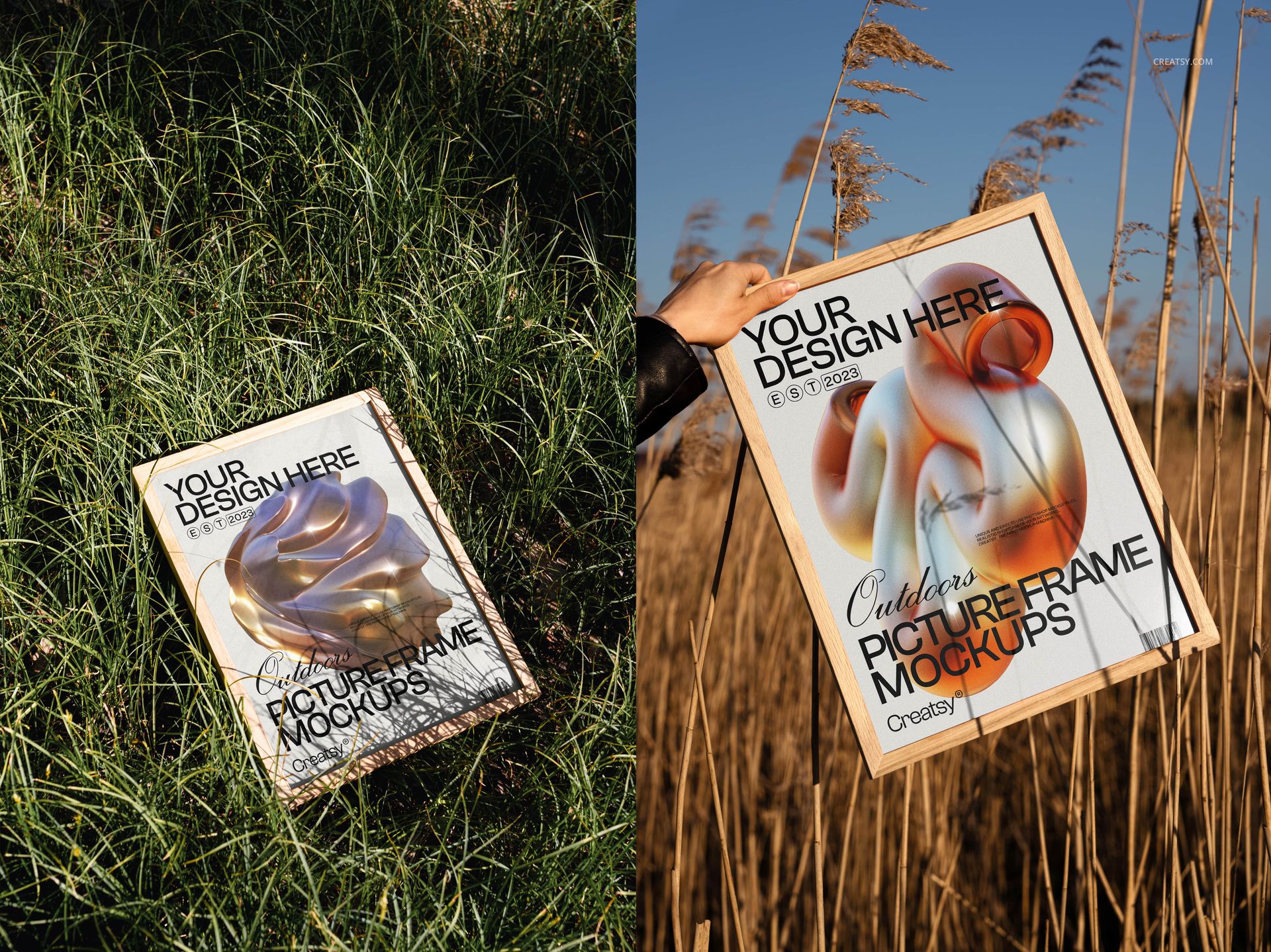 Wooden picture frame mockup with abstract art displayed outdoors, shown lying on grass and held against tall reeds.