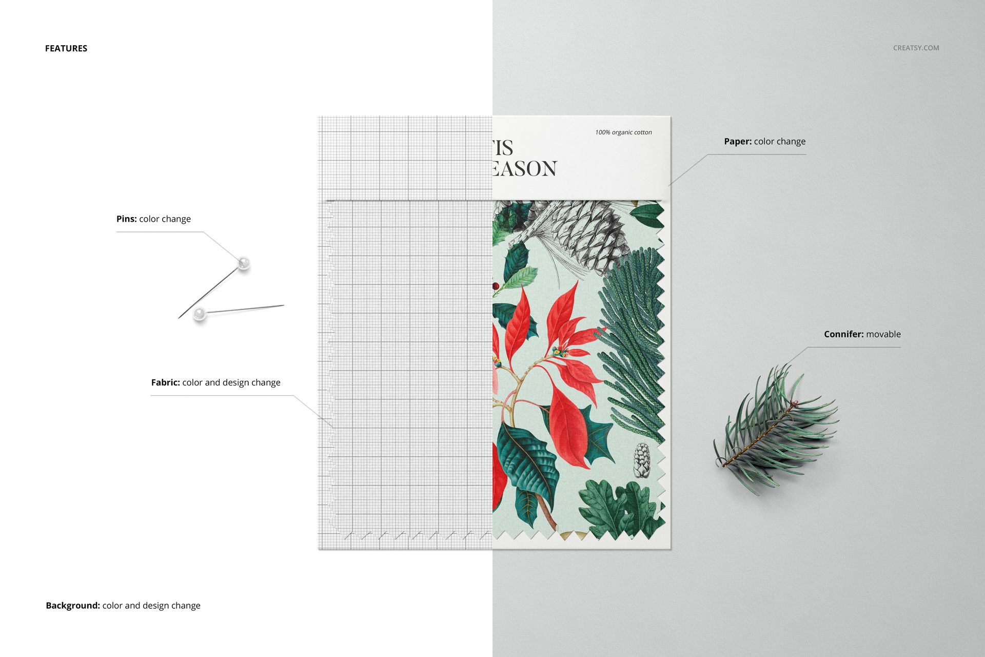 Fabric swatch mockup featuring a botanical pattern with red, green, and gray colors, displayed from a top view.
