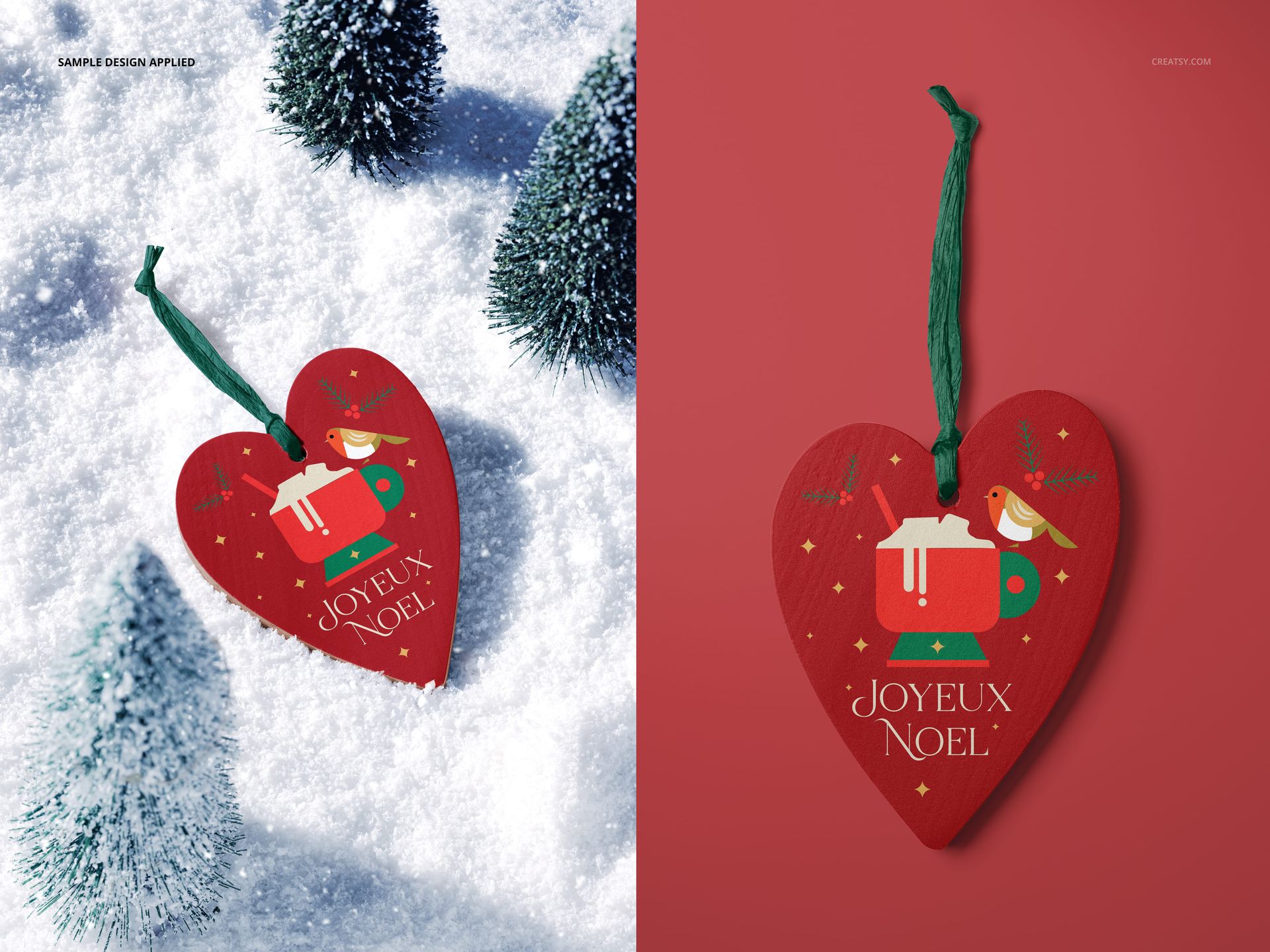 Heart-shaped wooden Christmas ornament with festive illustration, shown on snow and red background in PSD mockup.