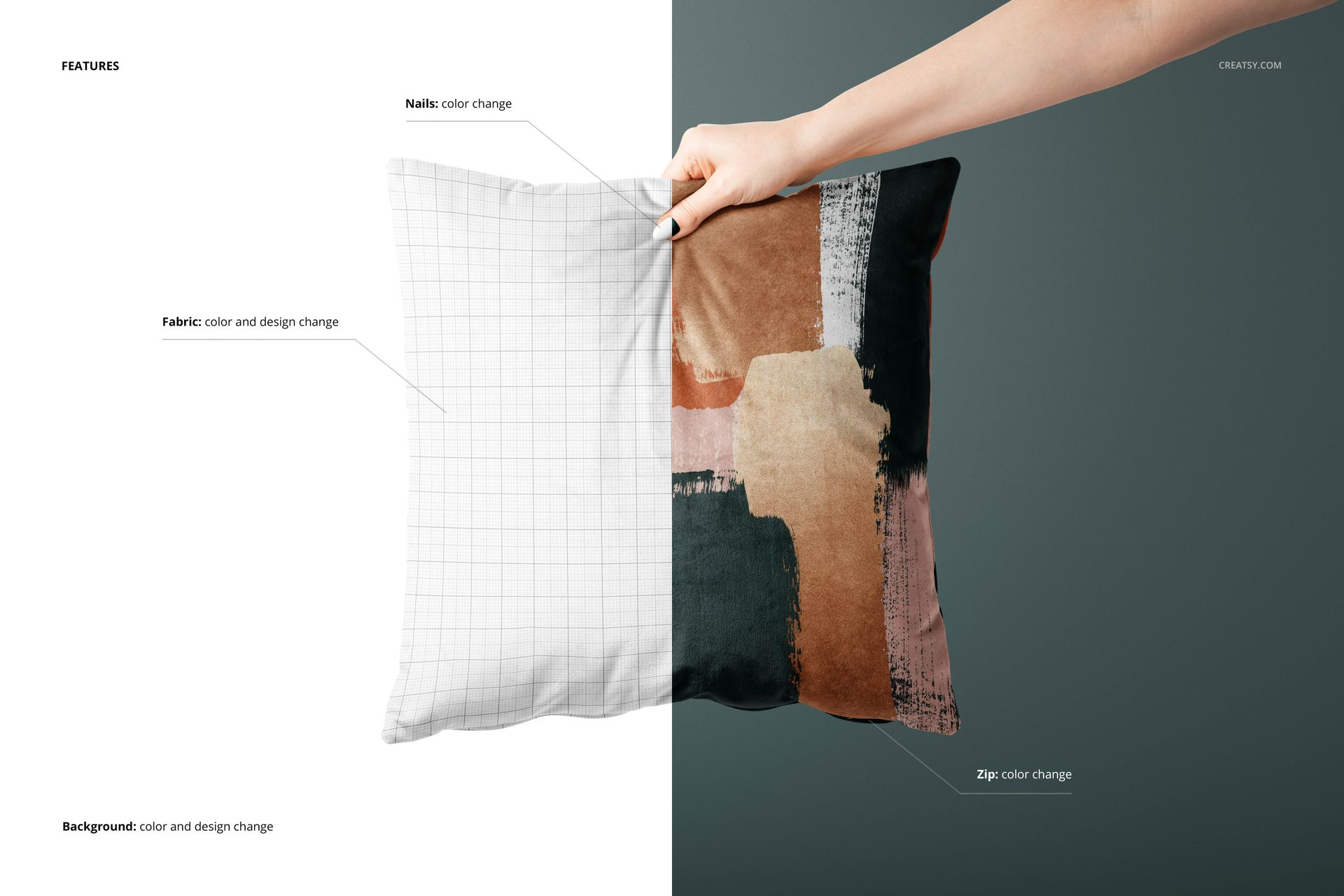 Front view of a velvet cushion mockup, showing one side with a blank grid and the other with a painted abstract pattern.