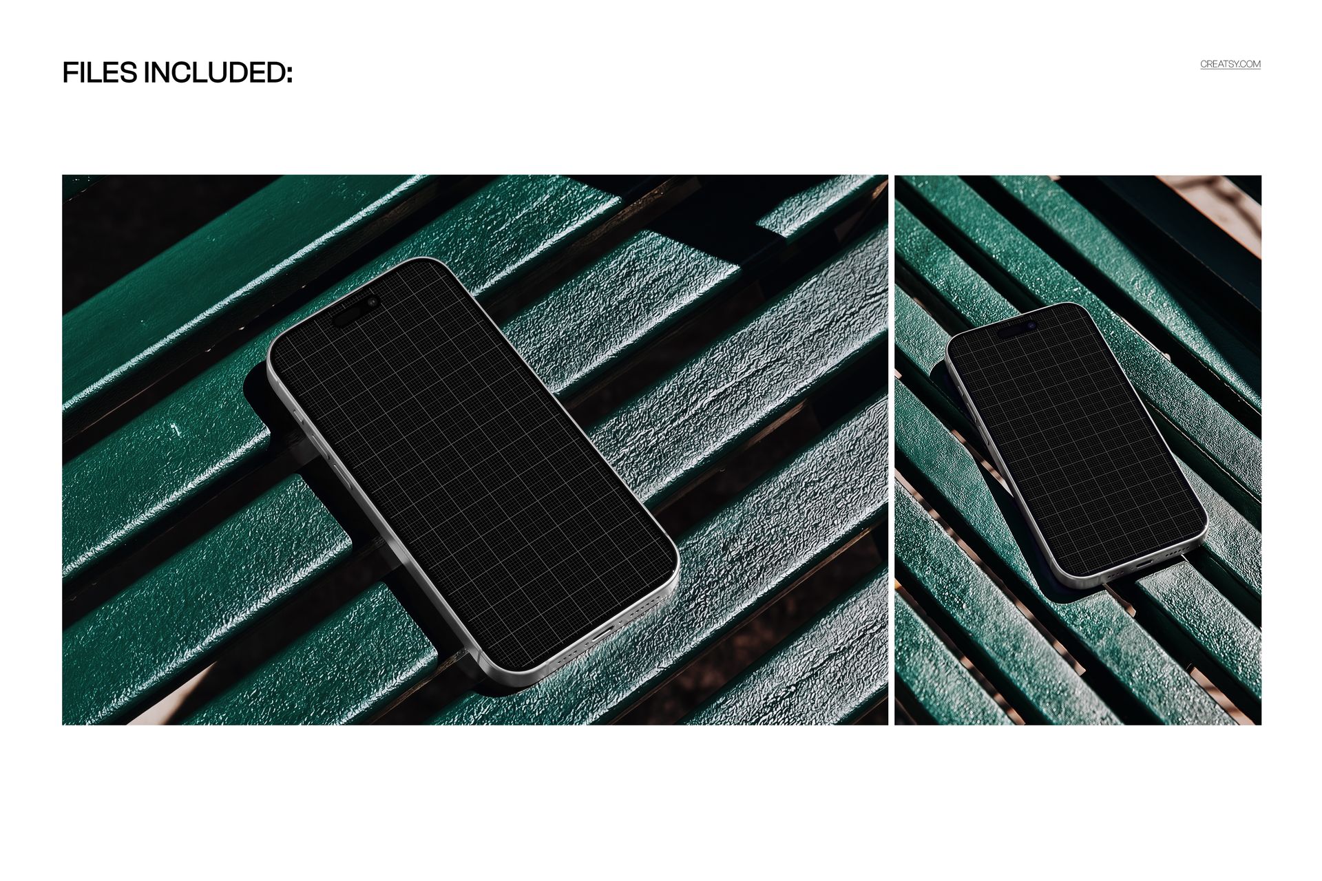 iPhone smartphone lying on a green park bench, shown from an angled top view with a blank screen for mockup use.