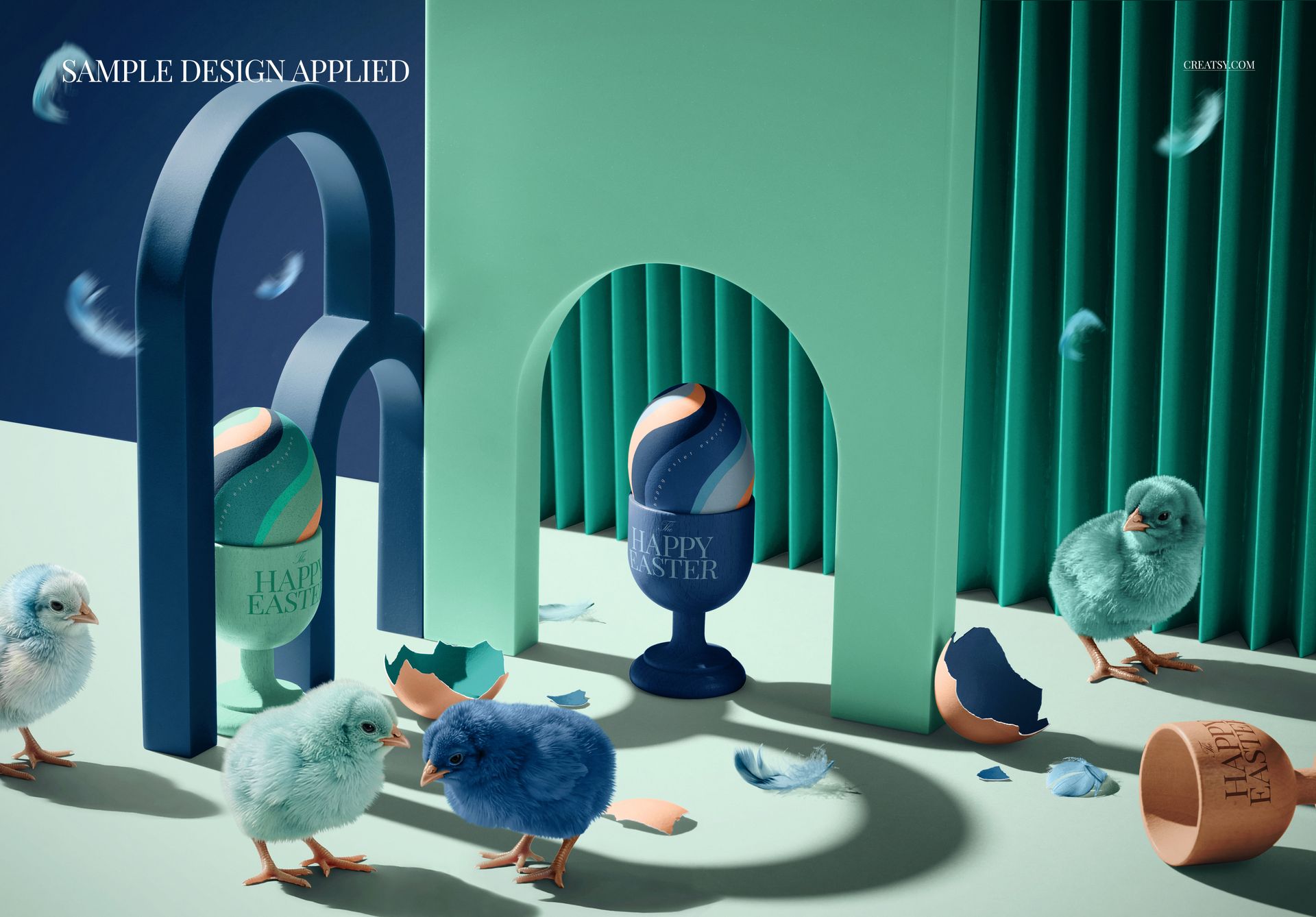 PSD mockup showing Easter eggs with intricate patterns, blue chicks, feathers, and abstract green arches in a festive setting.