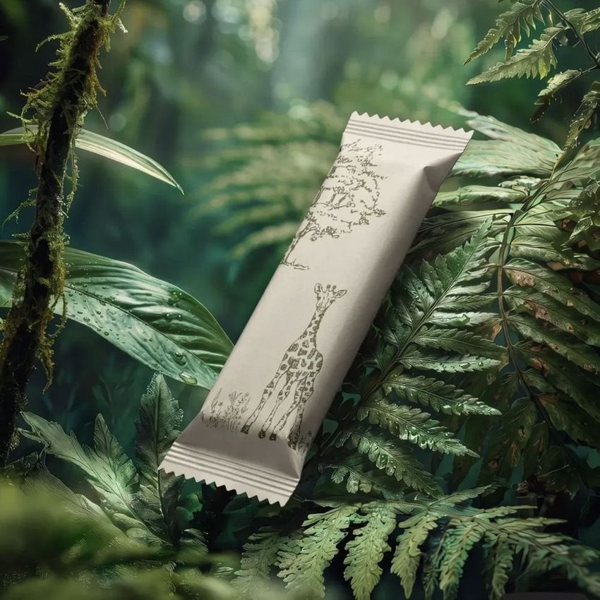 Candy bar mockup featuring a white wrapper with a giraffe illustration, set among lush green tropical jungle foliage.