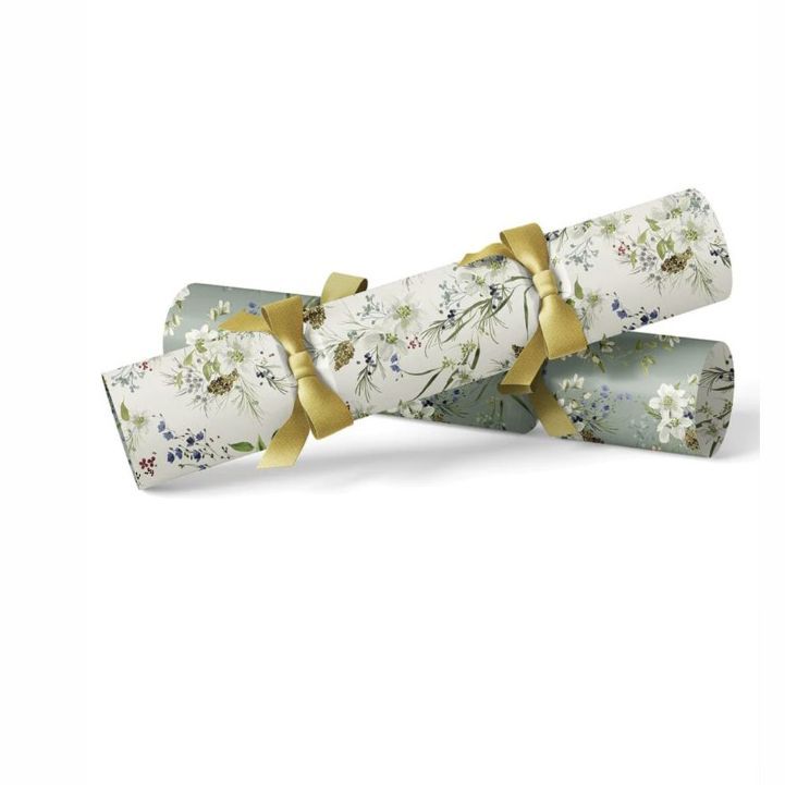 Christmas cracker mockup featuring two crackers with floral patterns and gold ribbon bows, set against a white background.
