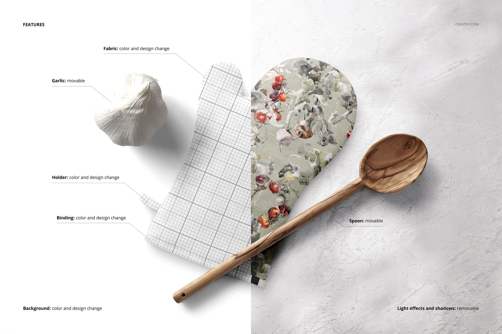 Oven mitt mockup set featuring two mitts, one with a grid pattern and one with a floral design, displayed on a light surface.