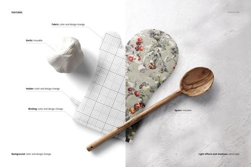 Oven mitt mockup set featuring two mitts, one with a grid pattern and one with a floral design, displayed on a light surface.
