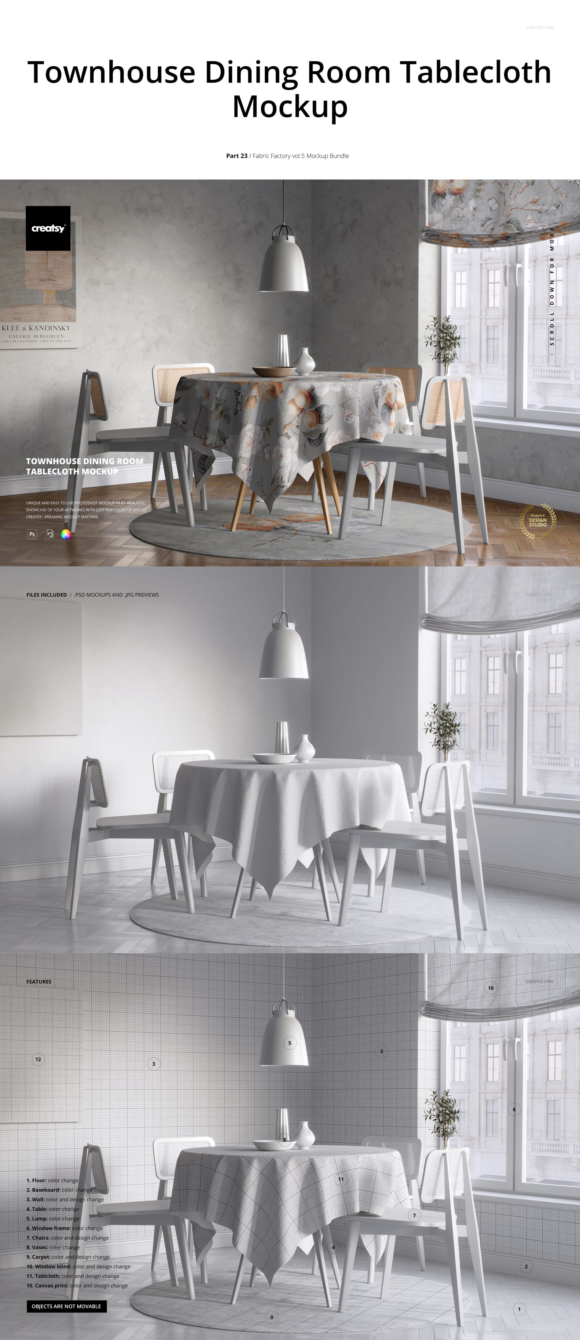 Dining room tablecloth mockup featuring a round table with white chairs, pendant lamp, and minimal decor in a bright home setting.