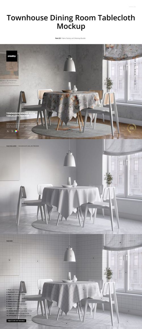 Dining room tablecloth mockup featuring a round table with white chairs, pendant lamp, and minimal decor in a bright home setting.