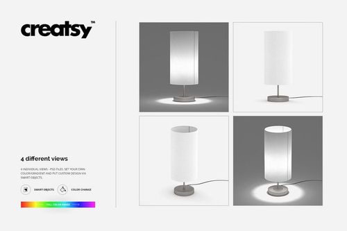 Set of four lampshade mockups showing a cylindrical white lampshade on a round base, with various lighting and backgrounds.