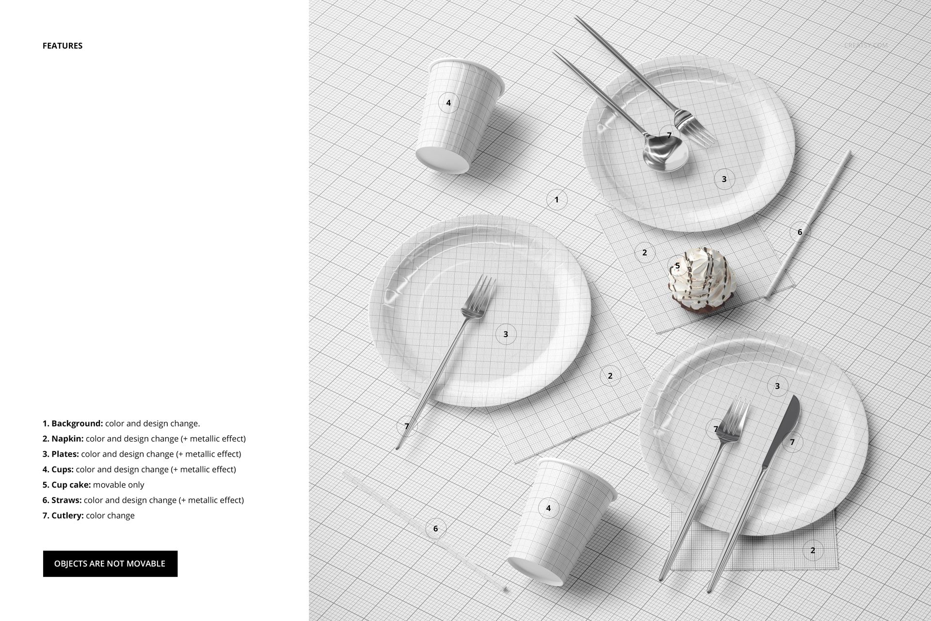 Party paper tableware set mockup featuring plates, cups, and cutlery on a grid background, top view.