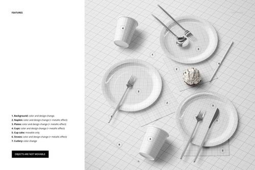 Party paper tableware set mockup featuring plates, cups, and cutlery on a grid background, top view.