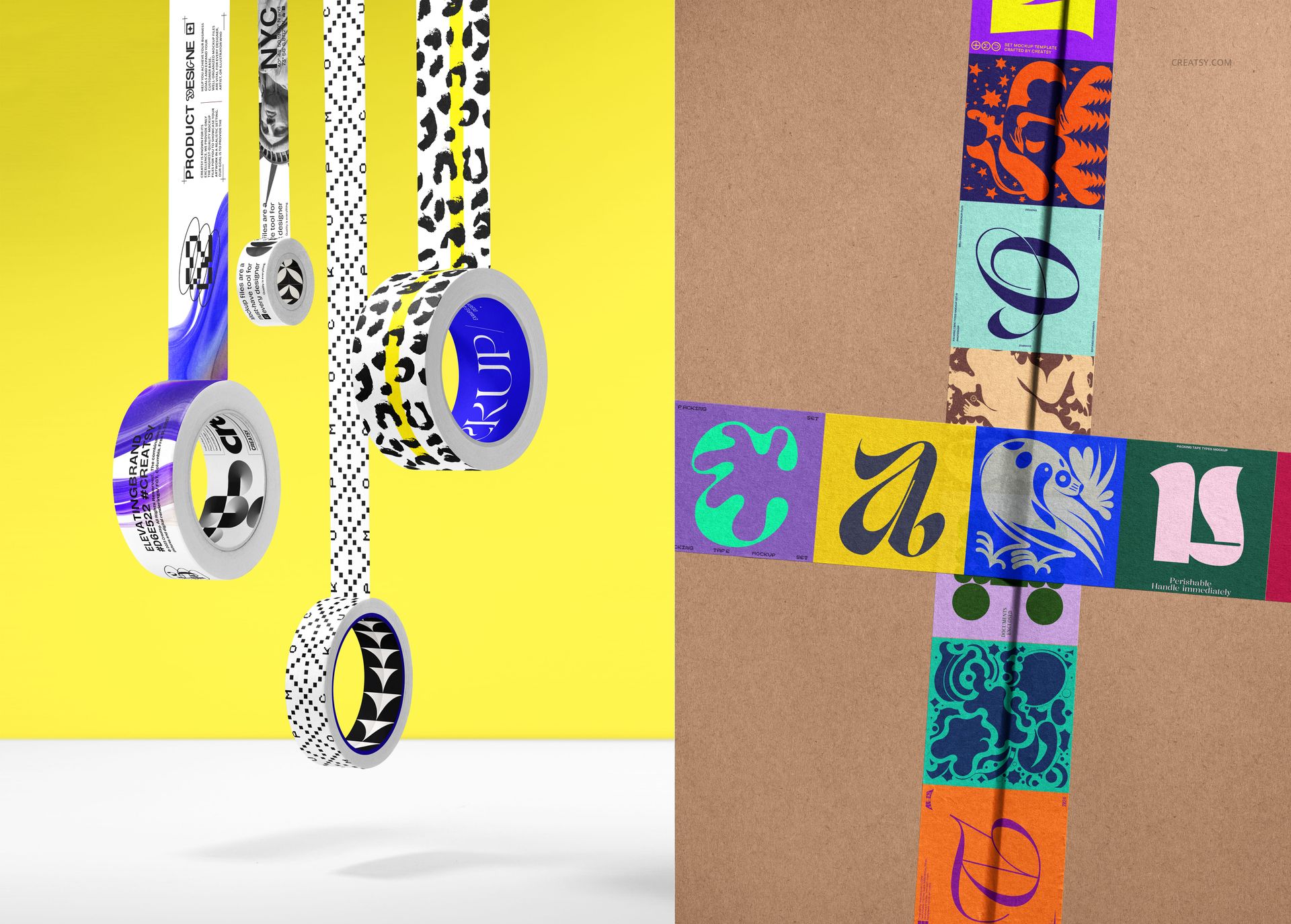 Packaging tape mockup bundle featuring rolls of tape with bold geometric and animal patterns on a yellow background.