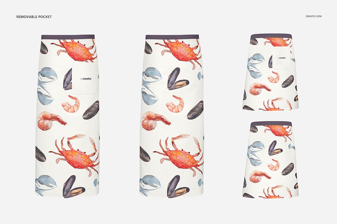 Apron PSD mockup set displaying multiple apron styles with colorful crab, mussel, and shrimp illustrations.