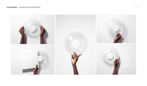 Clear vinyl record mockup shown in five different arrangements, with hands holding or displaying the transparent disc.