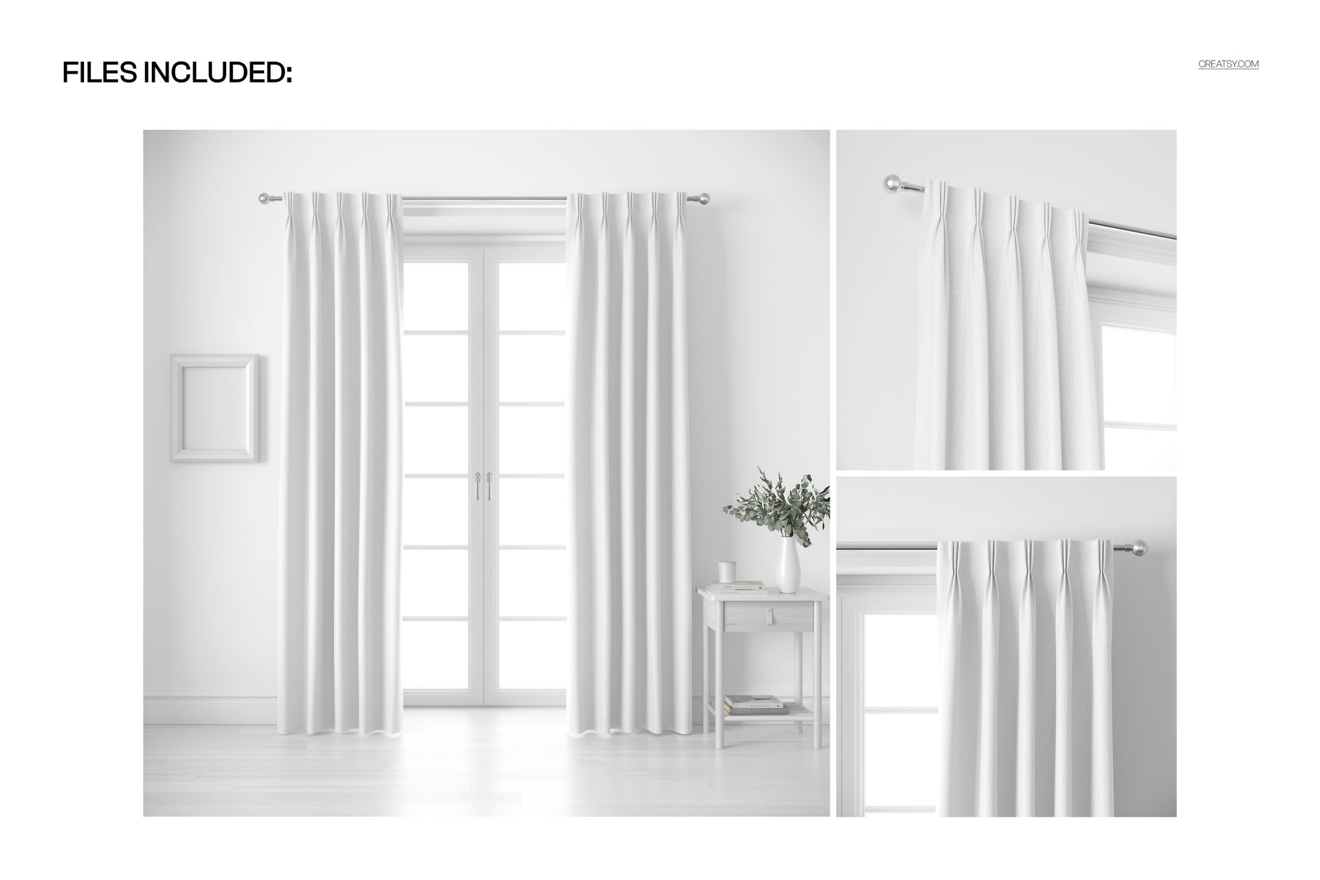 PSD mockup of white pleated curtains on a metal rod, with a minimalist interior and natural light.