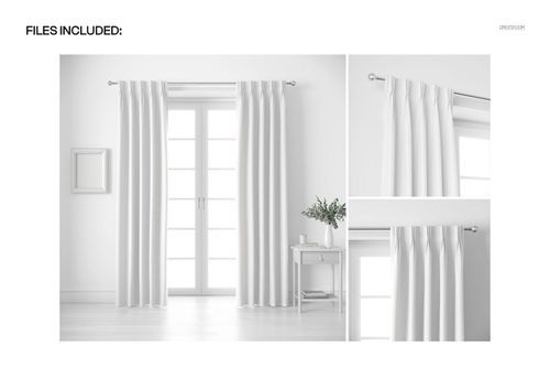 PSD mockup of white pleated curtains on a metal rod, with a minimalist interior and natural light.