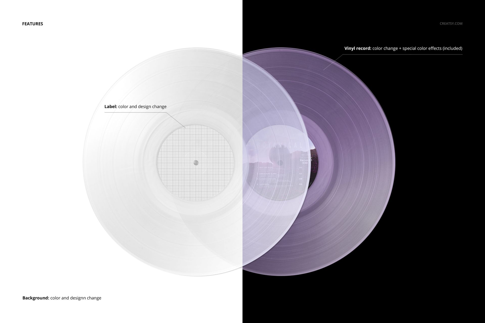 Two colored translucent vinyl records mockup shown from above, featuring a clear and a purple disc on contrasting backgrounds.