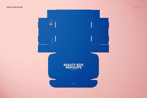 Flat lay of a blue mailing box packaging mockup with white text, displayed on a light pink background.