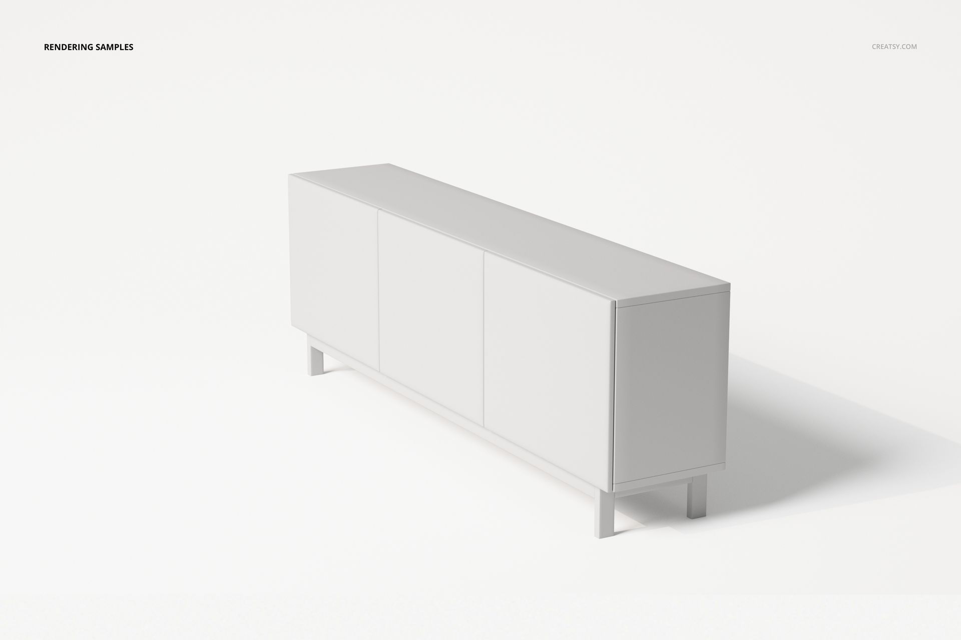 Modern sideboard with a minimalist upholstered design in light gray, shown in a front angled view on a white background.