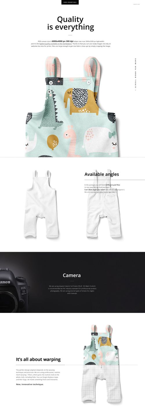 Front view of kids fleece dungarees mockup with pastel animal print, shown alongside plain white versions on a white background.