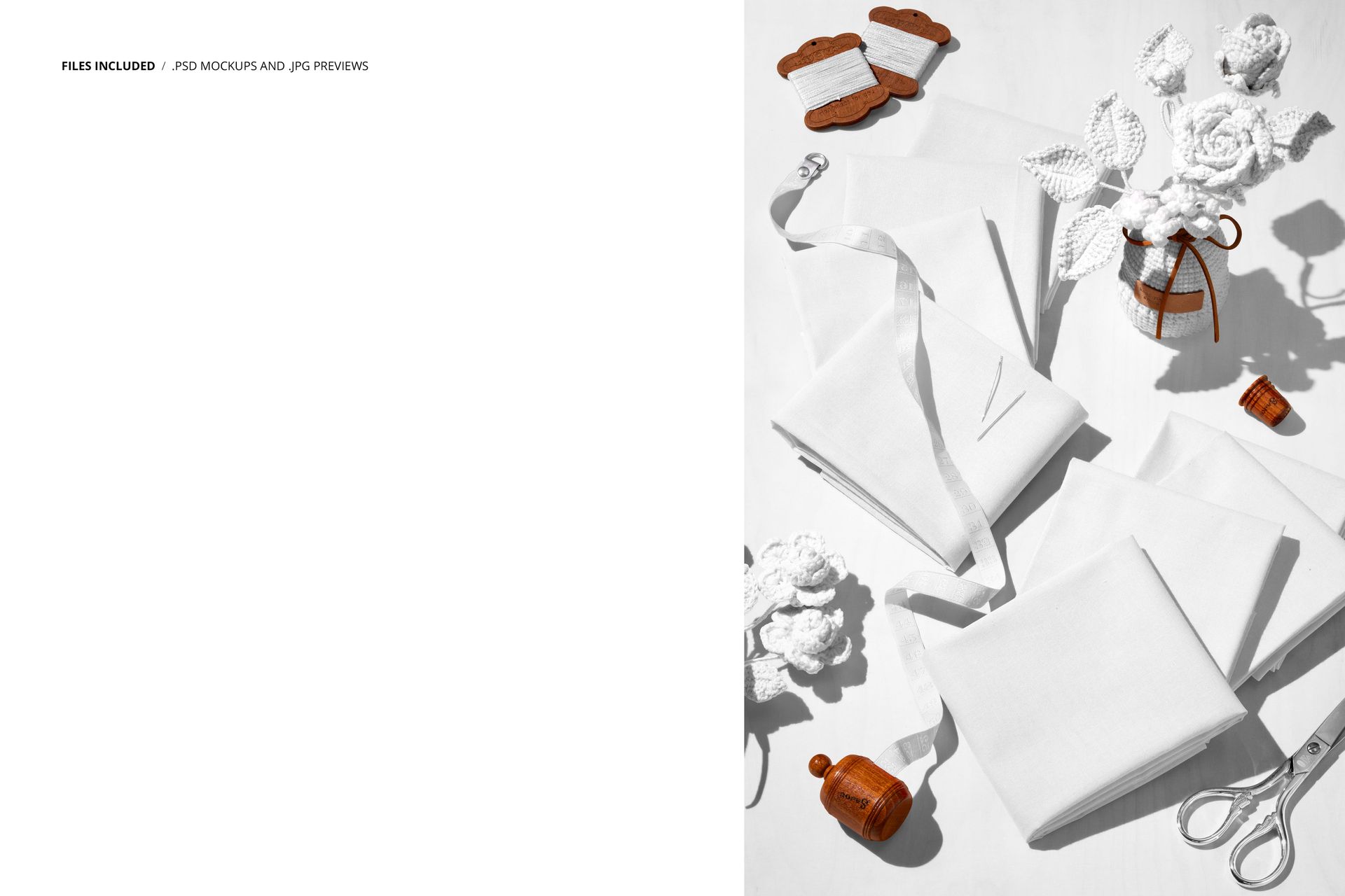 Folded cotton fabrics arranged on a white surface with crocheted flowers and wooden sewing props in a top view mockup.