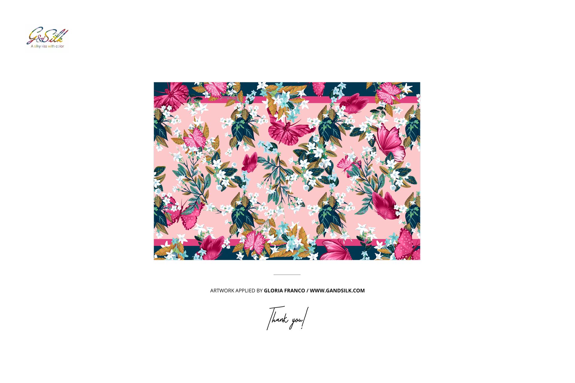 Rectangular habotai silk scarf mockup with vibrant floral pattern in pink, blue, and green on a white background.